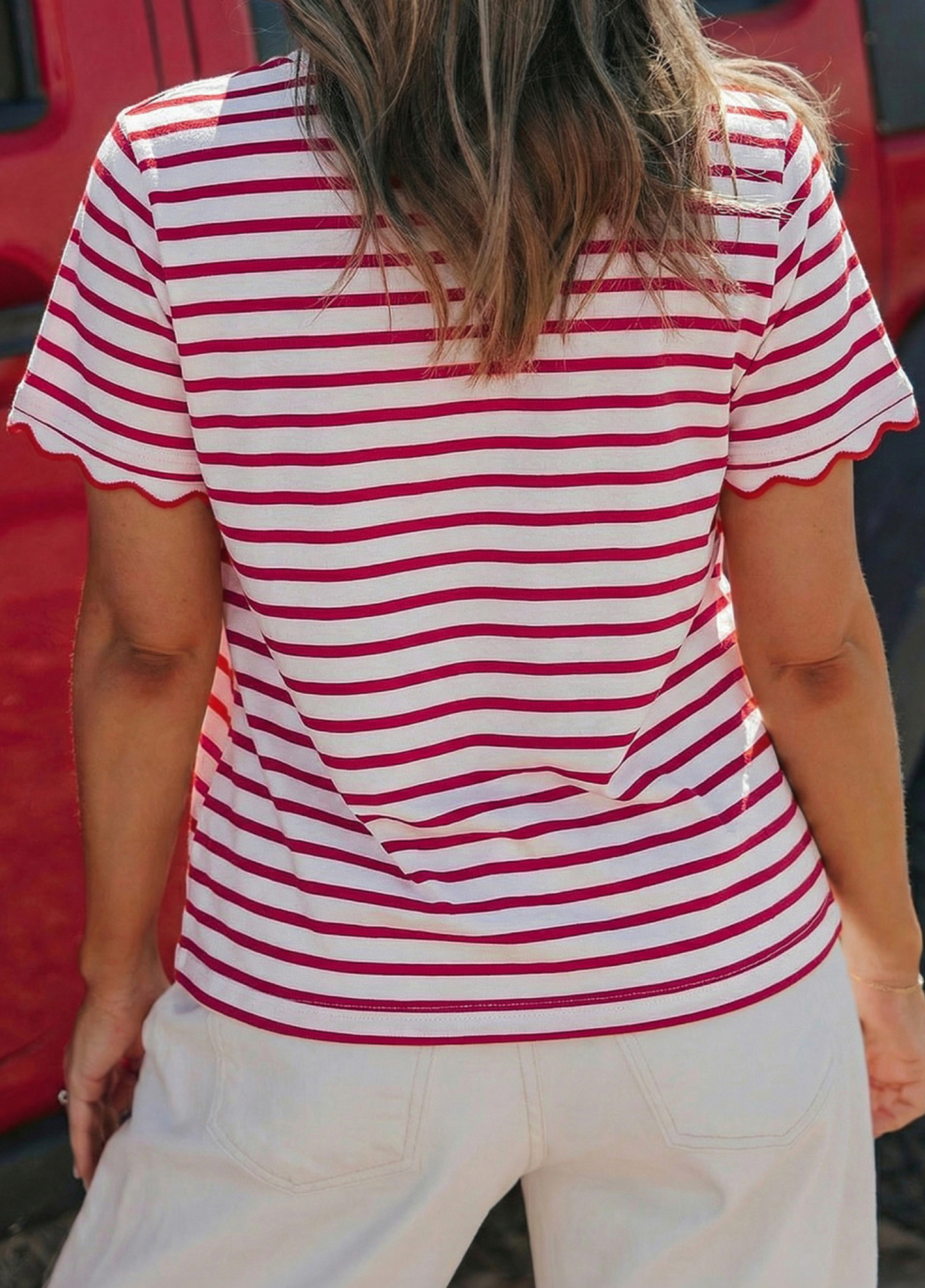 Red Stripe Scalloped Trim Round Neck T Shirt
