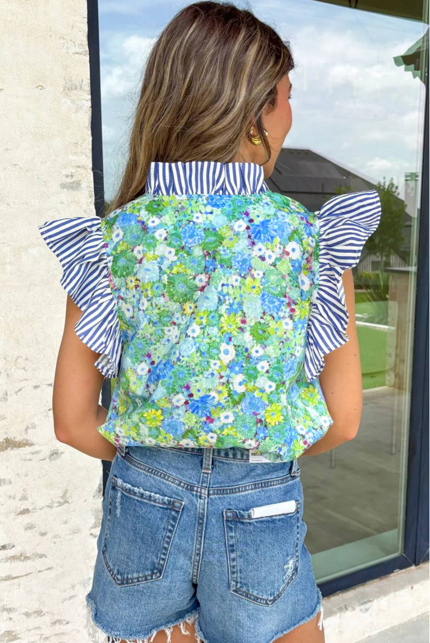 Green Floral Painting Print Striped Patchwork Flutter Sleeve V Neck Blouse
