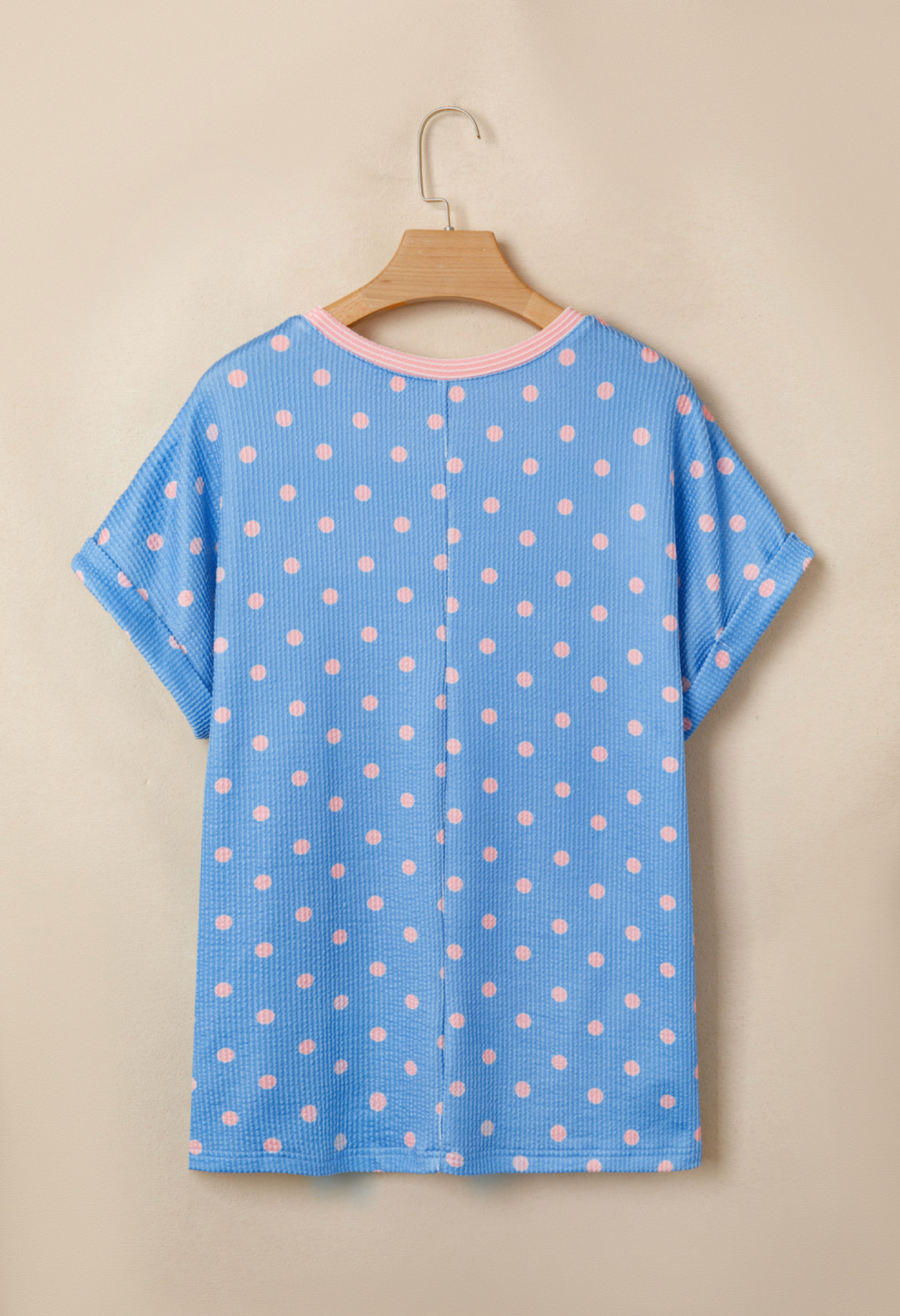Sky Blue Raised Rib Polka Dot Print Cuffed Short Sleeve Top