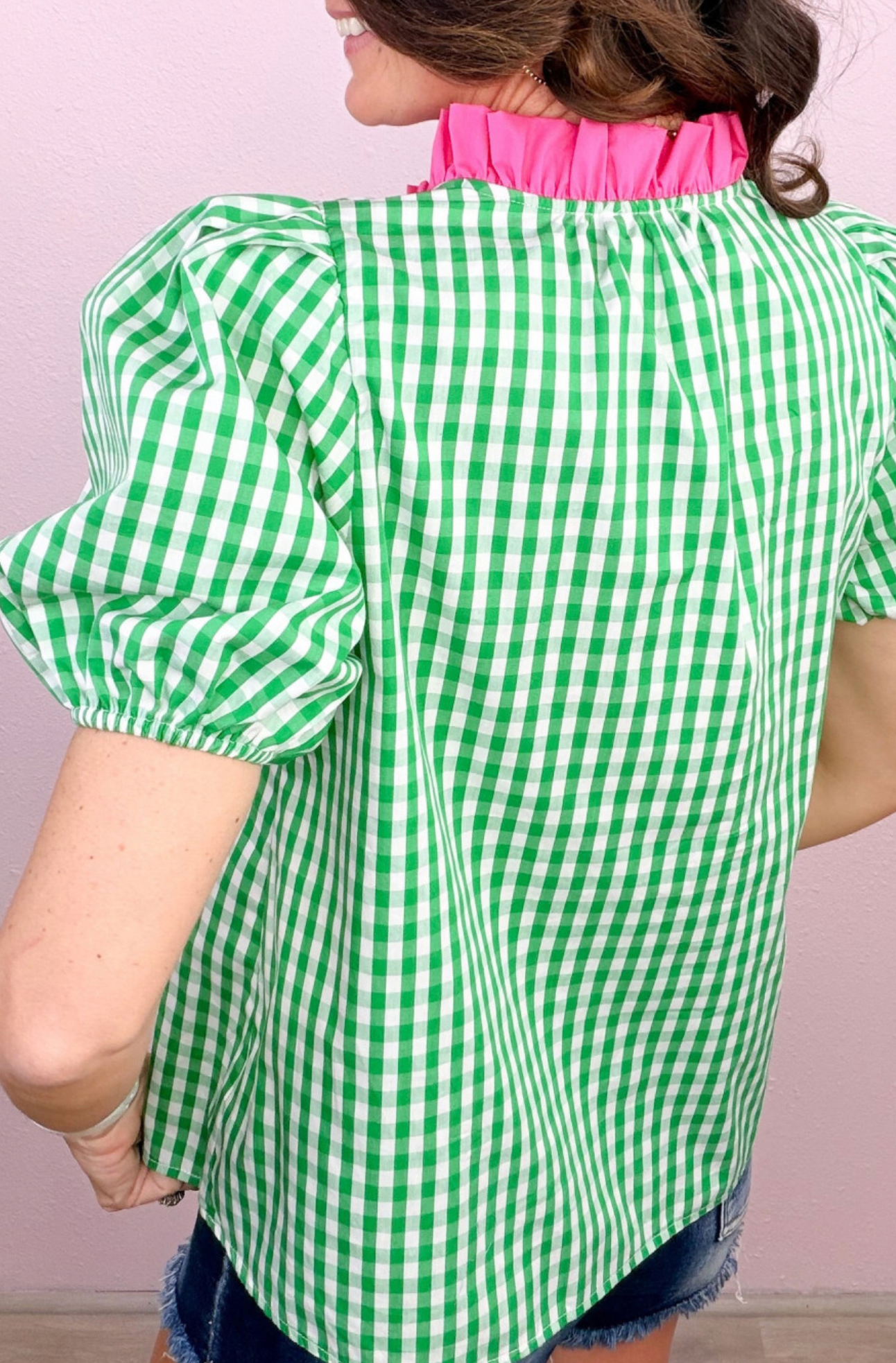 Green Gingham Plaid Bubble Sleeve Colorblock Trim V Neck Blouse
