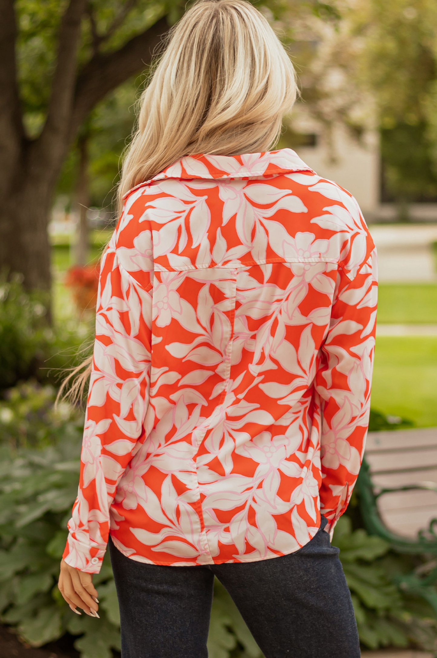Orange Botanical Print Single Chest Pocket Button Up Shirt
