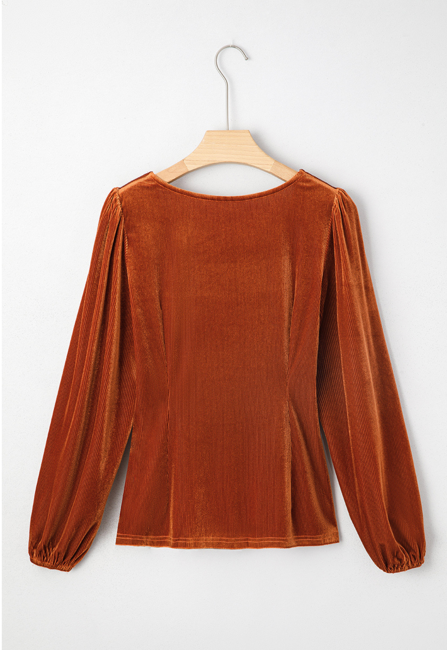 Clay Velvet Ribbed Texture Square Neck Slim Puff Sleeve Top