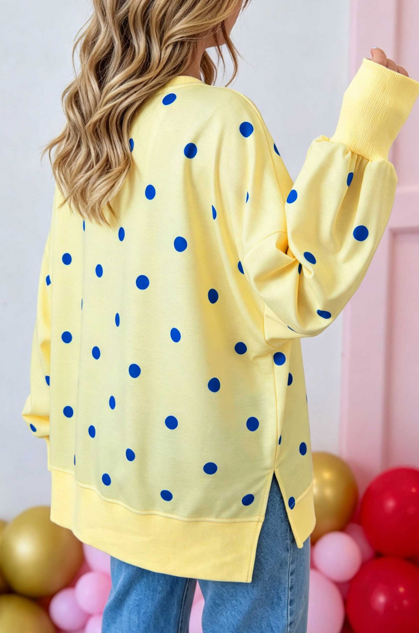 Yellow Polka Dot Loose Long Sleeve Split Hem Pullover Top