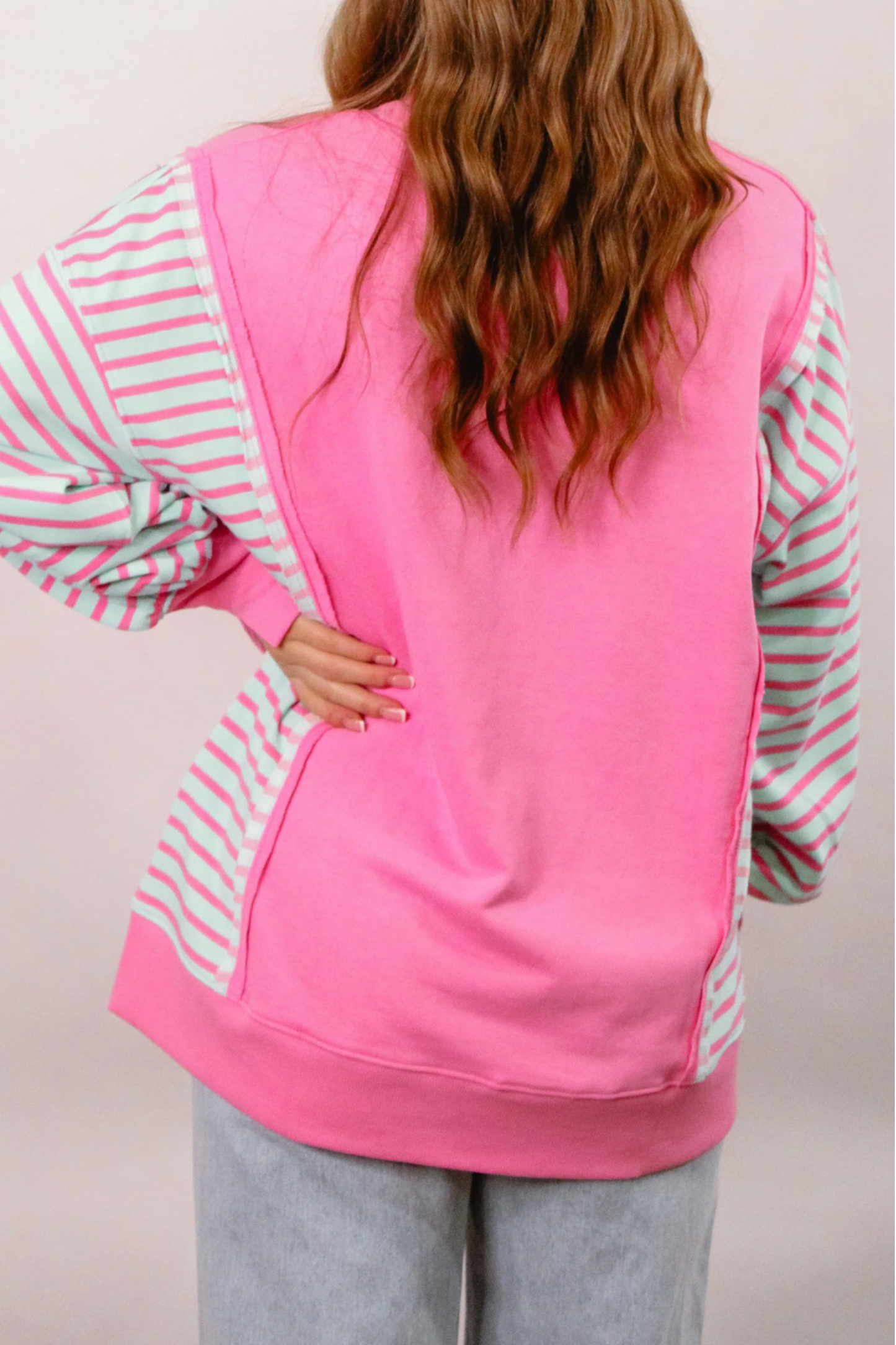 Rose Stripe Color Block Patchwork Relaxed Split Long Sleeve Top