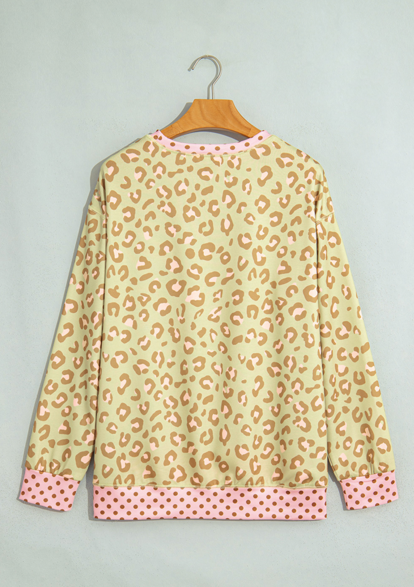 Khaki Leopard Polka Dot Colorblock Trim Long Sleeve Top
