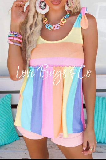 Multicolor Striped Print Tied Shoulder Flowy Tank Top