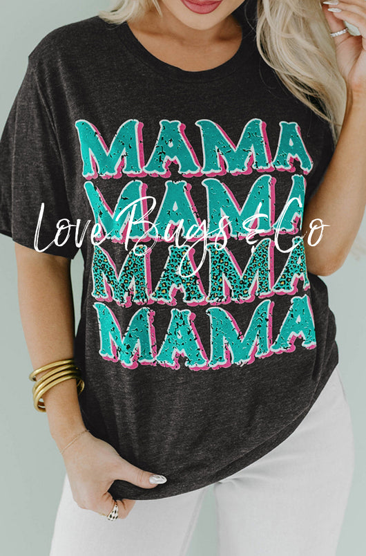 Black MAMA Letter Print Vintage Leopard Graphic T Shirt