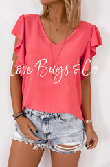 V Neck Ruffle Sleeve Loose Top