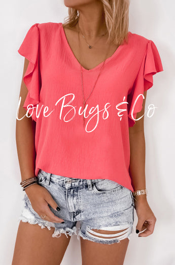 V Neck Ruffle Sleeve Loose Top