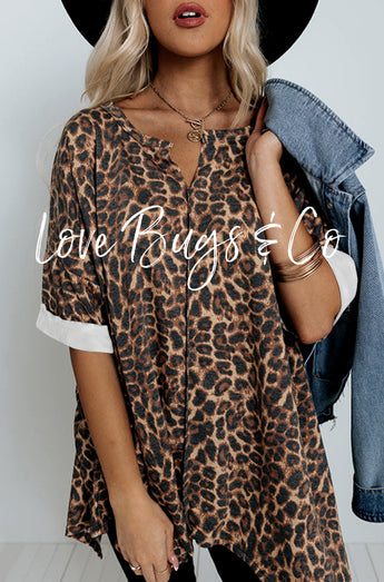 V Notch Rolled Cuffs Loose Leopard Top
