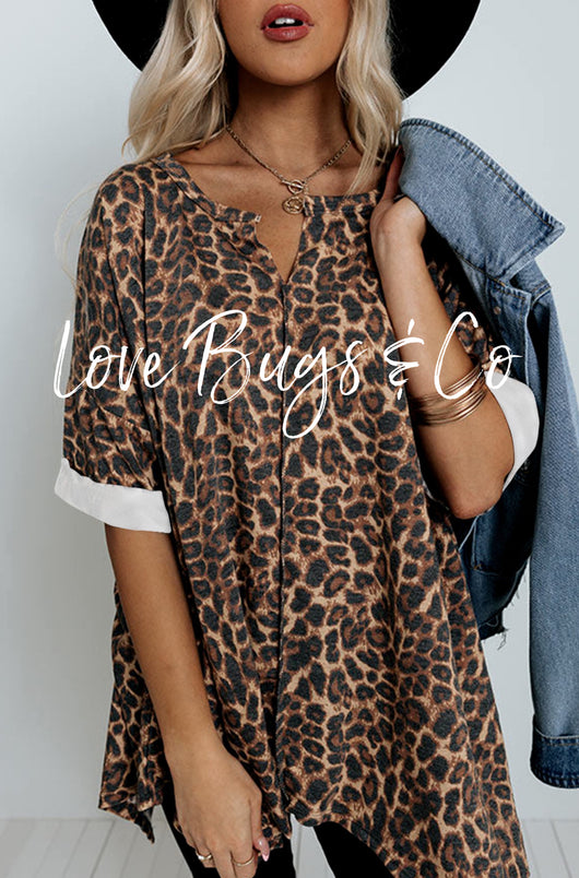 V Notch Rolled Cuffs Loose Leopard Top