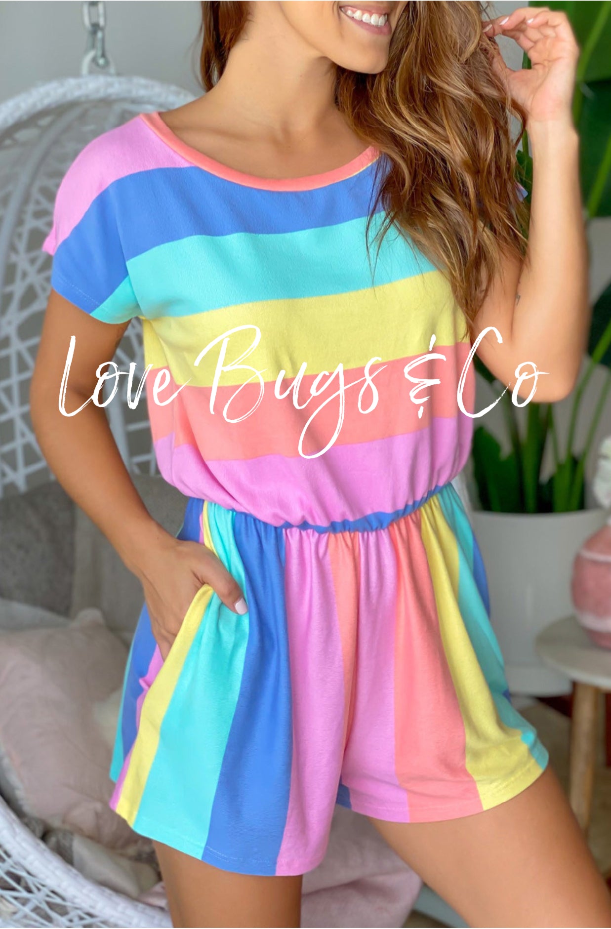 Multicolor Striped Print High Waist Short Sleeve Romper with Pockets