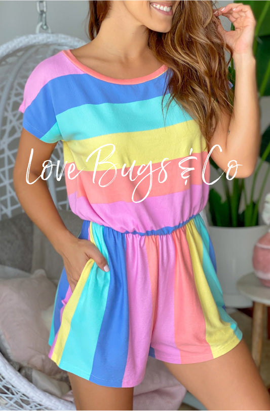 Multicolor Striped Print High Waist Short Sleeve Romper with Pockets
