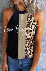 Black Leopard Color Block Casual Tank Top