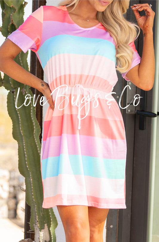 Multicolor Striped Drawstring V Neck T Shirt Dress