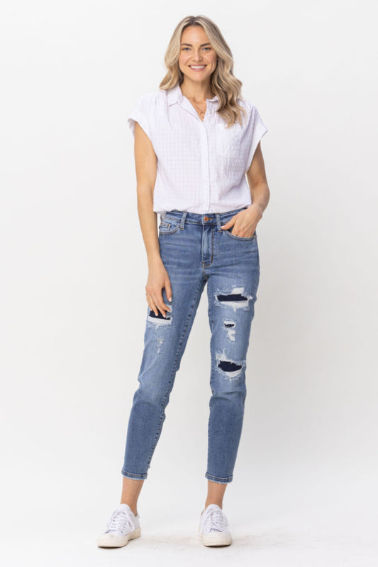 Judy Blue MIDRISE NAVY BLUE PATCHED DESTROY RELAXED FIT