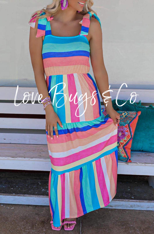 Multicolor Color Block Striped Bow Knot Straps Maxi Dress