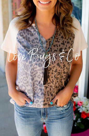 Leopard Color Block Contrast Waffle Knit Short Sleeve Top