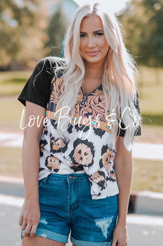 Leopard Pattern Patchwork Zip-up V Neck Short Sleeve T-shirt
