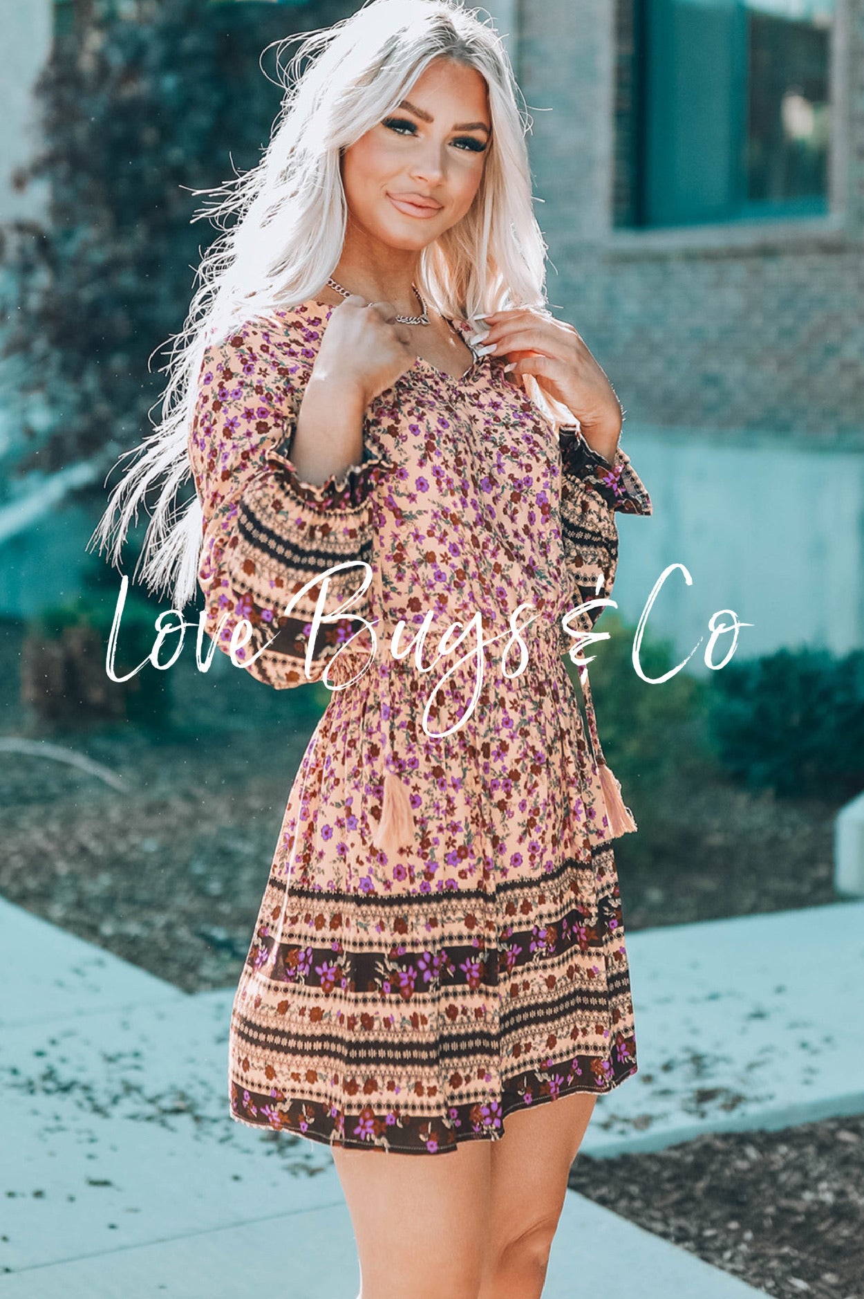 Pink Split V Neck Boho Floral Dress