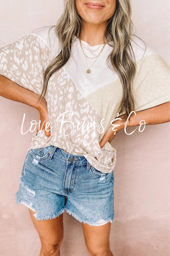 Leopard Colorblock Patchwork Short Sleeve Top