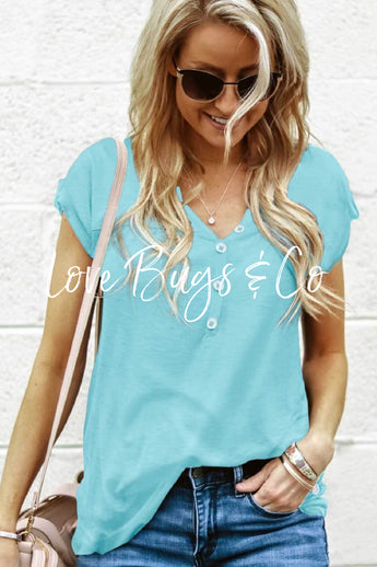 Sky Blue Buttoned Detail Cotton Blend Short Sleeve T-shirt
