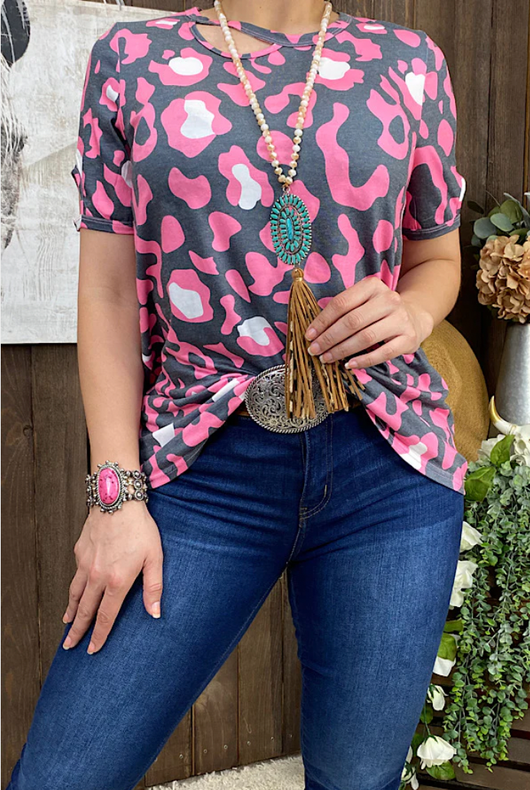 Pink & grey leopard printed top w/key whole neckline