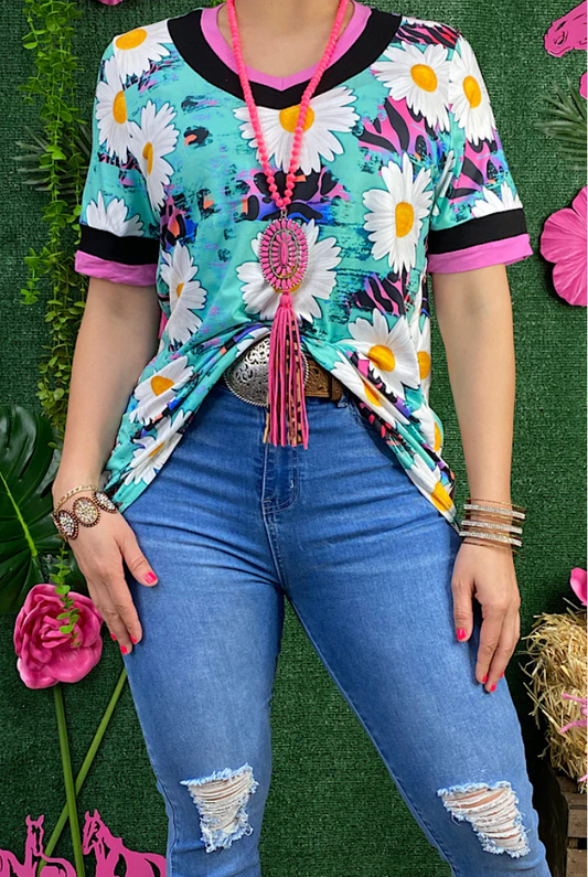 Daisy & leopard purple printed t-shirt