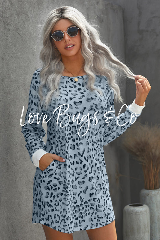 Crew Neck Long Sleeve Leopard Print Mini Dress