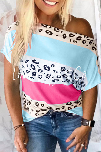 Sky Blue Leopard Color Block Short Sleeve Top