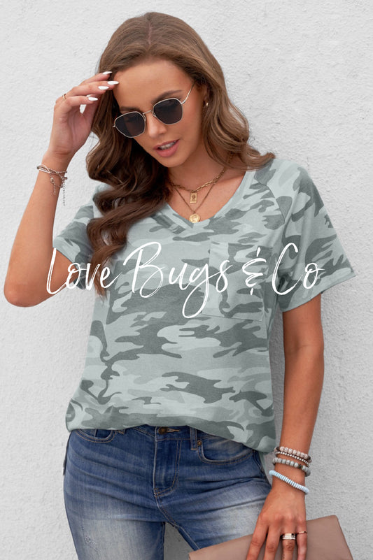 Green V Neck Front Pocket Camo Tee