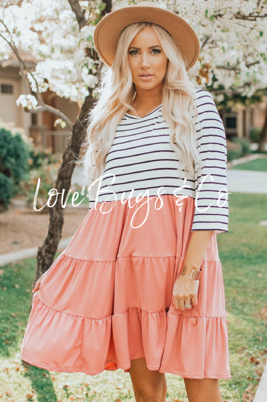 Striped Patchwork Tiered Ruffle T Shirt Dress