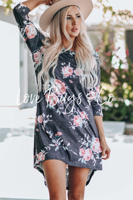 Gray Vintage Floral 3/4 Sleeves T-shirt Dress