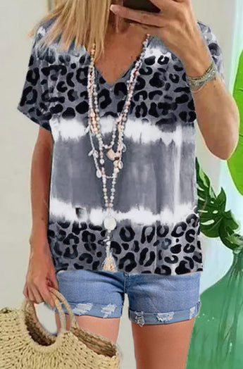 Gray Tie Dye Leopard Patchwork Short Sleeve Top