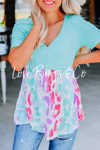 Sky Blue Leopard Color Block Buttoned V Neck T Shirt