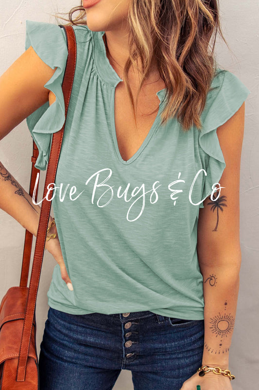 Green Casual Solid V Neck Butterfly Sleeve Blouse