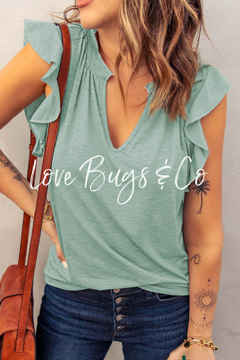 Green Casual Solid V Neck Butterfly Sleeve Blouse