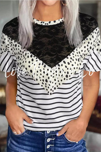 White Chevron Colorblock Lace Leopard Striped Print Short Sleeve