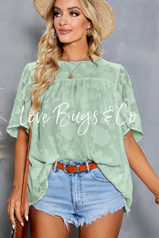 Green Floral Textured Ruffled Half Sleeve Babydoll Top