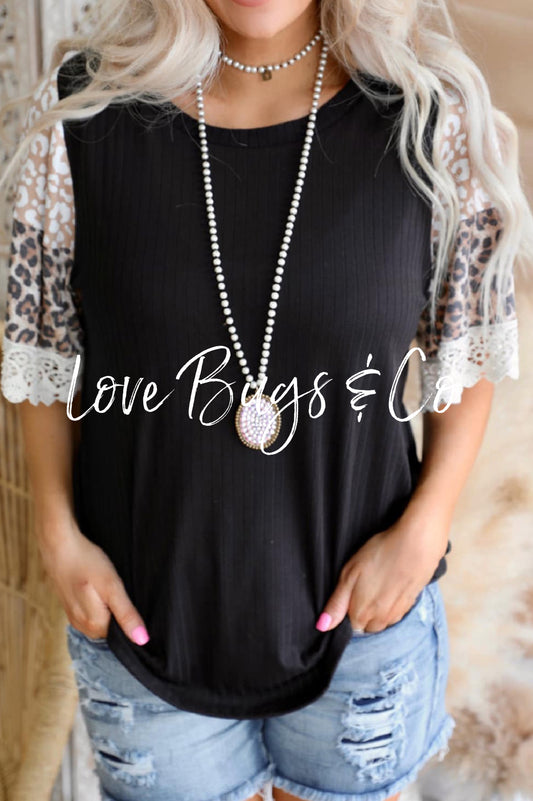 Black Ribbed Leopard Bell Sleeve Top