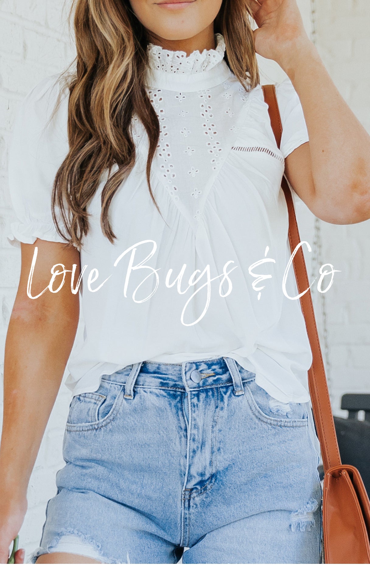 White Frilled High Neck Eyelet Pattern Puff Sleeve Top