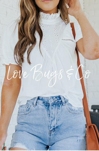 White Frilled High Neck Eyelet Pattern Puff Sleeve Top