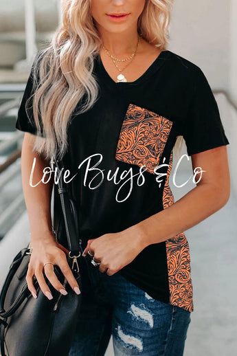Black Women's Casual Printed Splicing Pullover Pocket T-shirt