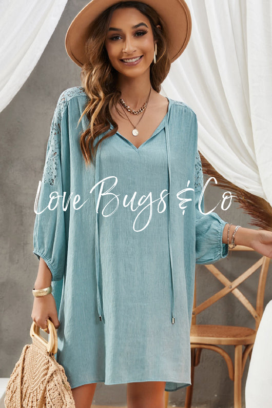 Sky Blue Split Neck Lace Shoulder Beach Dress