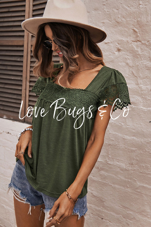 Green Square Neck Lace Patchwork Top