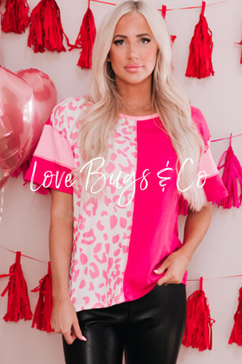 Rose Leopard Colorblock Patchwork Short Sleeve Top