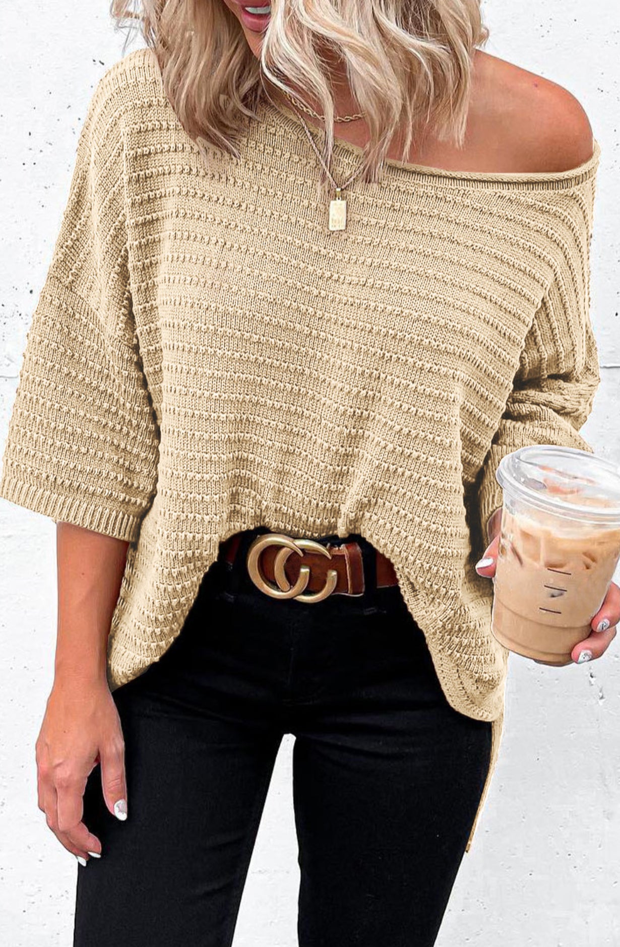 Apricot Textured Knit Drop Shoulder