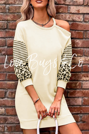 Apricot Leopard Striped Patchwork Cut Out Long Sleeve Mini