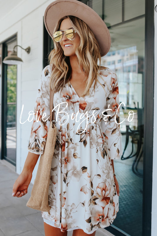 White V Neck 3/4 Sleeve Floral Dress