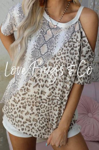 Snakeskin Leopard Color Block Cold Shoulder Short Sleeve